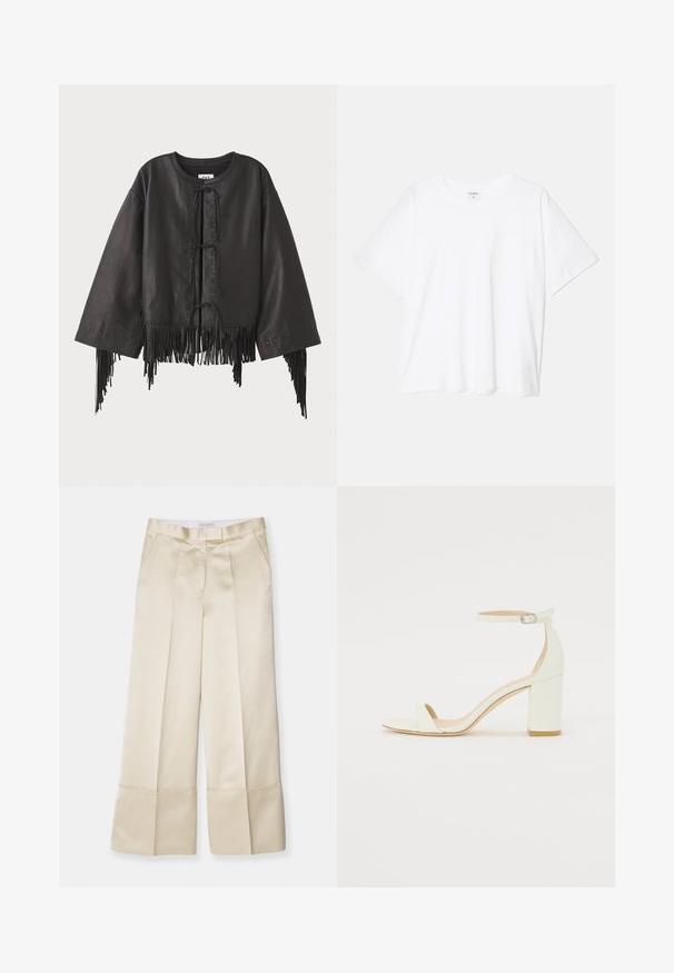 Čierna kožená skrátená bunda s širokými rukávmi, so šnurovaním na prednej strane a strapcami pozdĺž spodného okraja a rukávov.; Biely bavlnený tričko s krátkymi rukávmi, okrúhlym výstrihom, voľným strihom a prešitým lemom. Štítok viditeľný na vnútornom krku.; Béžové nohavice s širokými nohavicami vyrobené z hladkej tkaniny, s vysokým pásom, prehnutým predným dielom a zloženým lemom, obsahujú bočné vrecká a čistý finiš.; Biele kožené sandále na blokovom podpätku s remienkom okolo členku a minimalistickým dizajnom. Otvorená špička a hladké textúry po celom povrchu.