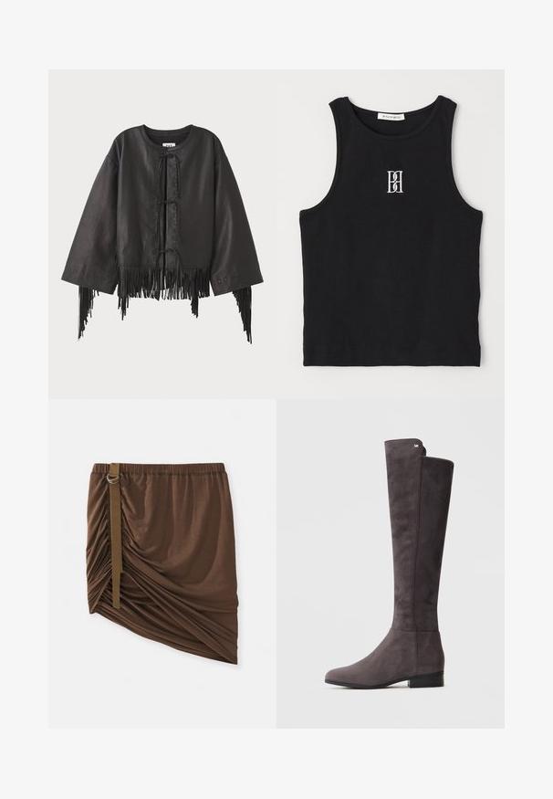Zwarte leren cropped jas met brede mouwen, voorzien van een voorsluiting met veter en franjes langs de zoom en mouwen.; Zwarte geribbelde tanktop met een ronde halslijn en een geborduurd logo in het wit. De stof heeft een gladde textuur met een aansluitende pasvorm.; Bruine knielange rok van een zachte, lichte stof; voorzien van plooidetails en een zijband met een metalen ringaccent.; Donkergrijze suède laarzen tot de knie met een lage hak en een subtiel metallic logo dicht bij de bovenkant op een effen lichte achtergrond.