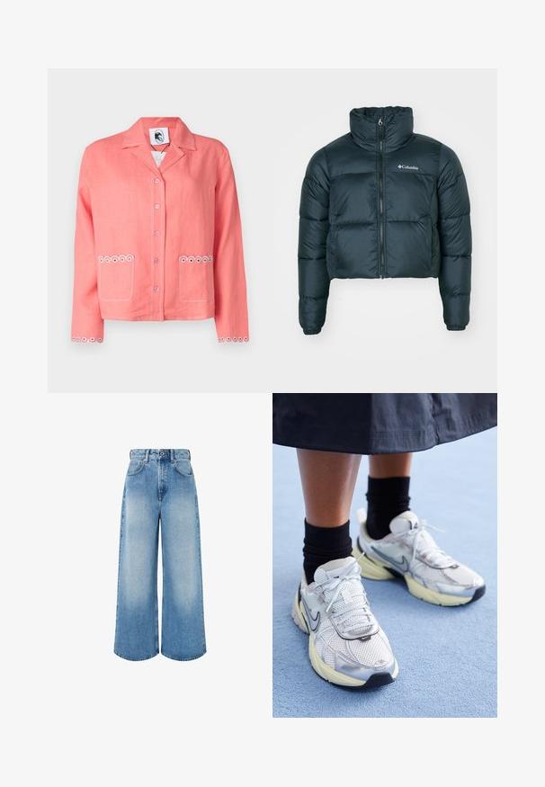 Tamsiai žalia, trumpa pūkinė striukė su aukštu apykakle, pilnu užtrauktuku ir elastingomis rankovėmis. Kairėje krūtinės pusėje yra logotipas ir siuvinėta tekstūra.; Džemperis su ilgomis rankovėmis, pagamintas iš vatinės tekstūros. Jame yra aukštas kaklas su banguotu kraštu ir liesas siluetas.; Koralo lino švarkas su iškirptu apykakle, mygtukų uždarymu, dviem priekinių kišenėmis su apvalia siuvinėta dekoro, ir dekoratyvine siūle ant rankovių.; Šviesiai mėlynos plačios kojų džinsinės kelnės, pagamintos iš džinsinio audinio, su aukštu liemeniu, mygtukų užsegimu ir subtiliu išblukimu, turinčiu švarius apdailos kraštus.; Balti ir sidabriniai Nike sportbačiai su tinkline medžiaga, atspindinčiais akcentais ir smėlio spalvos padu. Dėvimi su juodomis kojinėmis, stovint ant mėlynos paviršiaus.