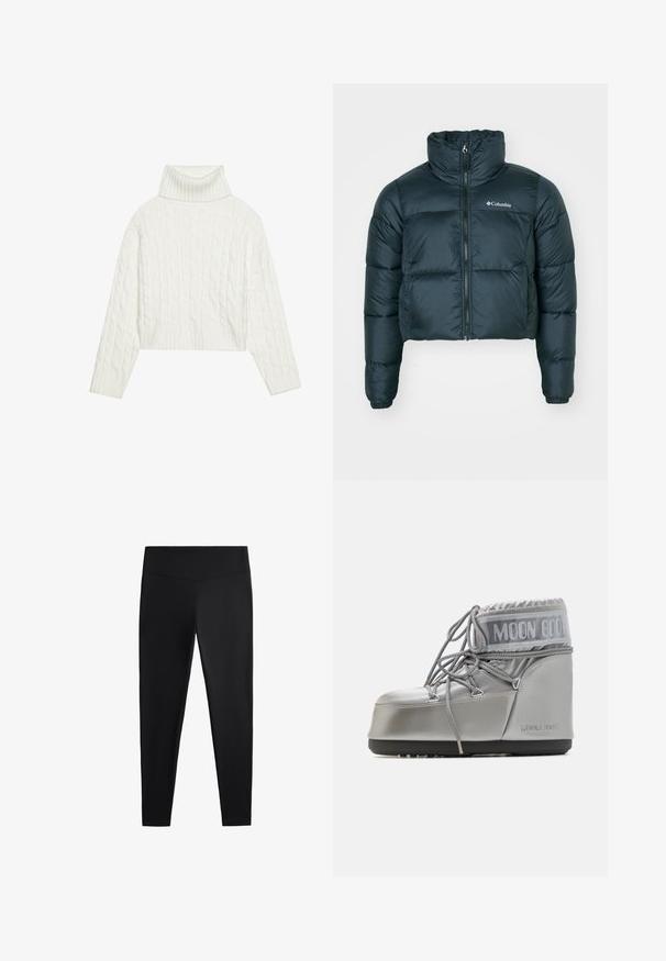 Tamnozelena, skraćena pufferska jakna s visokim ovratnikom, punim zatvaračem i elastičnim manžetama. Sadrži logo na lijevoj strani prsnog koša i unikatnu teksturu.; Bijela pamučna turtleneck vesta s rebrastim dizajnom i skraćenim krojem, koja ima rebraste manžete i rub. Mekana tekstura s udobnim, debelim dizajnom.; Crne tajice izrađene od glatkog, rastezljivog materijala. Imaju široki pojas i suženi kroj nogavica, pogodne za aktivno ili ležerno nošenje.; Srebrna vodootporna čizma s zaobljenim oblikom, teksturiranom površinom i sivim vezicama. Ima istaknuti logotip "MOON BOOT" na gornjem dijelu.