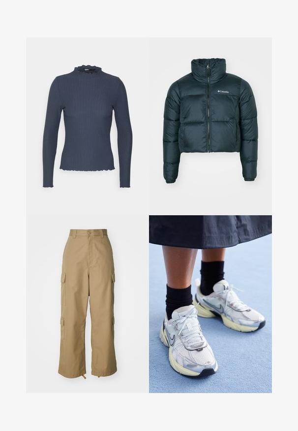Mørkegrøn, cropped pufferjakke med høj krave, fuld lynlås og elastiske manchetter. Har et logo på venstre bryst og quiltet struktur.; Marineblå langærmet top i ribbet tekstur. Har en høj hals med en bølget kant og en tætsiddende design.; Beige cargo bukser med høj talje, brede ben og fire store sidelommer. Fremstillet af slidstærkt stof med en glat tekstur og minimal detaljering.; Hvide og sølv Nike sneakers med mesh-stof, reflekterende detaljer og en beige sål. Bæres med sorte sokker og står på en blå overflade.