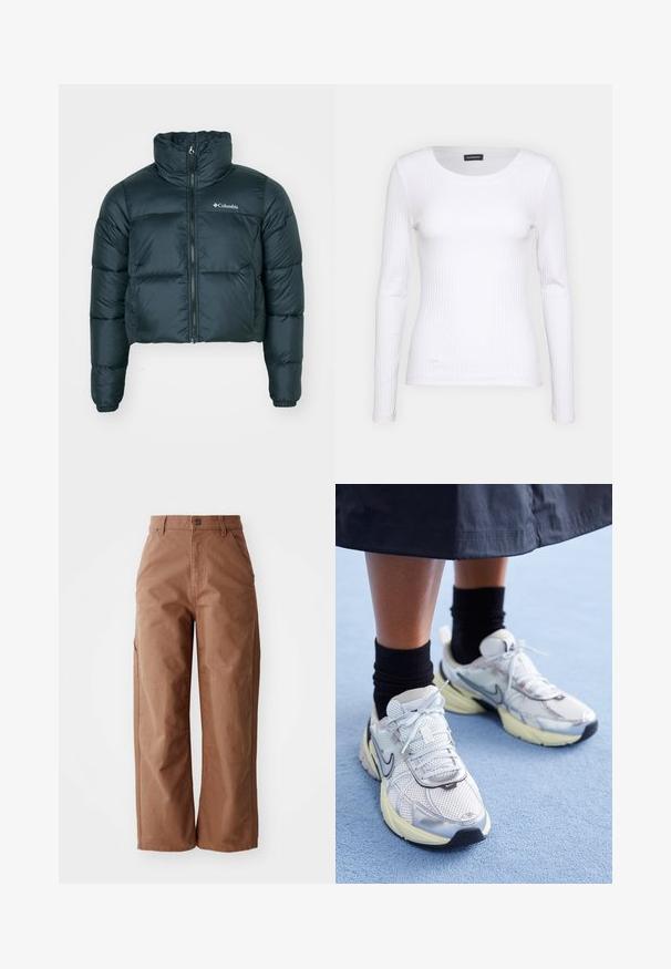 Tamsiai žalia, trumpa pūkinė striukė su aukštu apykakle, pilnu užtrauktuku ir elastingomis rankovėmis. Kairėje krūtinės pusėje yra logotipas ir siuvinėta tekstūra.; Balta, raukšlėta ilgarankovė palaidinė su apvalia iškirpte. Pagaminta iš elastingos medžiagos, kuri prisitaiko prie kūno. Pasipuošusi subtiliomis horizontaliosiomis linijomis.; Rudos plačiakelnės kelnės pagamintos iš tvirto audinio. Yra aukštas liemuo, priekiniai kišeniai ir subtilūs siuvimo akcentai.; Balti ir sidabriniai Nike sportbačiai su tinkline medžiaga, atspindinčiais akcentais ir smėlio spalvos padu. Dėvimi su juodomis kojinėmis, stovint ant mėlynos paviršiaus.