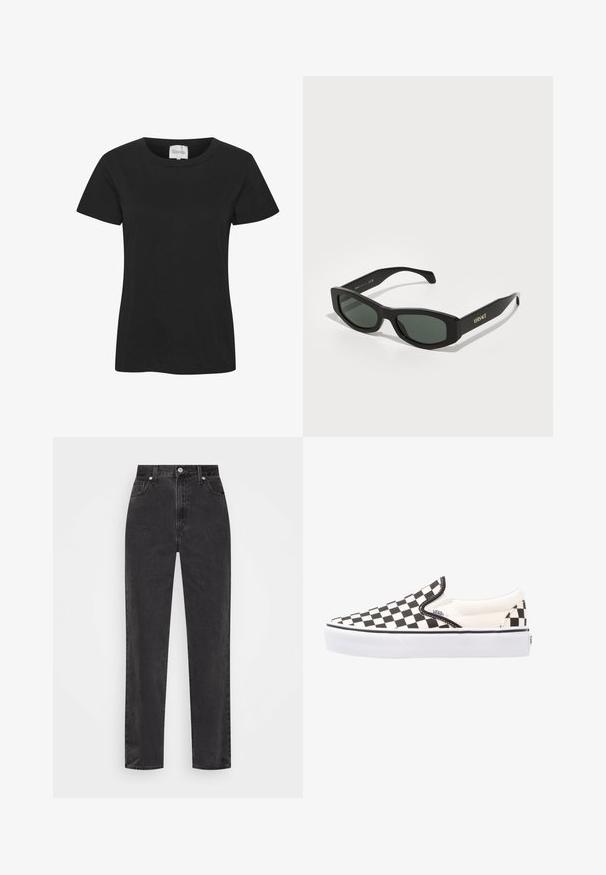 Jeansjack, blauwe kleur, lange mouwen, knoopsluiting, twee borstzakken, klassieke kraag, licht beschadigde structuur, casual ontwerp.; Zwarte katoenen T-shirt met ronde hals, korte mouwen en een rechte zoom. De stof heeft een gladde textuur, zonder zichtbare patronen of accenten.; Zwarte denim jeans met rechte pijpen en hoge taille, met een knoop en rits aan de voorkant en vijf zakken, op een witte achtergrond.; Zwart-wit geblokte slip-on Vans schoenen met een canvas bovenwerk, rubberen buitenzool en gewatteerde kraag. Vlakke, ronde neus met witte zoolaccenten.; Zwarte rechthoekige zonnebril met groene lenzen, met opvallende monturen en gouden "VERSACE" branding op de slapen.; Donkere leren handtas met twee voorvakken, een centrale gesp en hardware in goudkleur. Gladde textuur met een gebogen silhouet.
