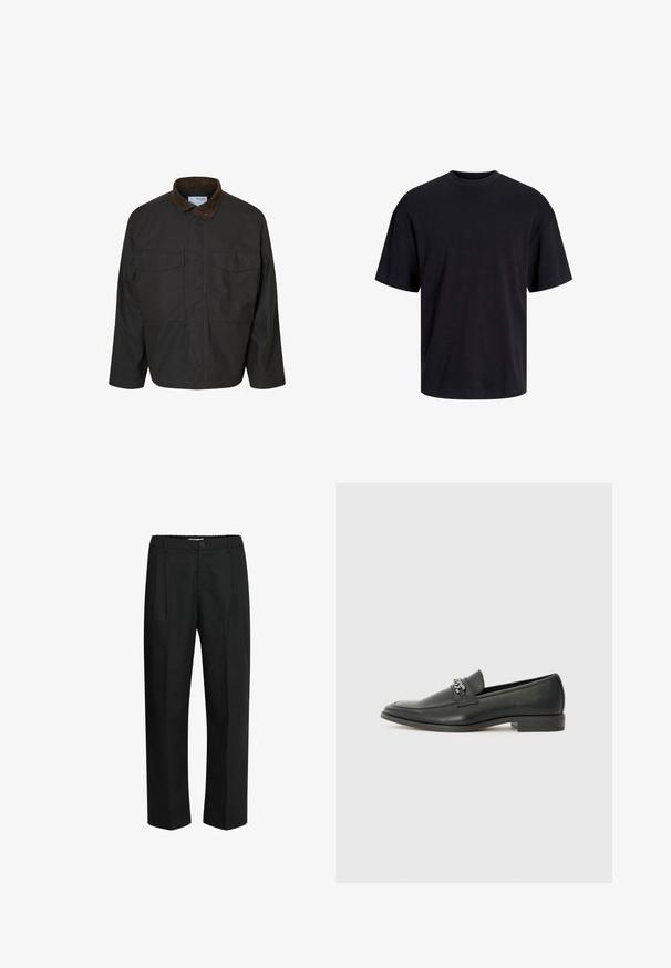Svart jakke laget av glatt stoff, med krage i brunt kordfløyel, to brystlommer og en avslappet passform.; Svart bomull t-skjorte med rund hals, korte ermer og en avslappet passform. Glatt tekstur uten synlige mønstre eller detaljer.; Sorte bukser laget av et stoff med jevn tekstur, med en rette ben-design, folder foran, og et elastisk liv.; Sorte skinnloafers med en glatt finish, og med en sydd design og en dekorativ metallkjedeakcent over foten. Flat hæl.