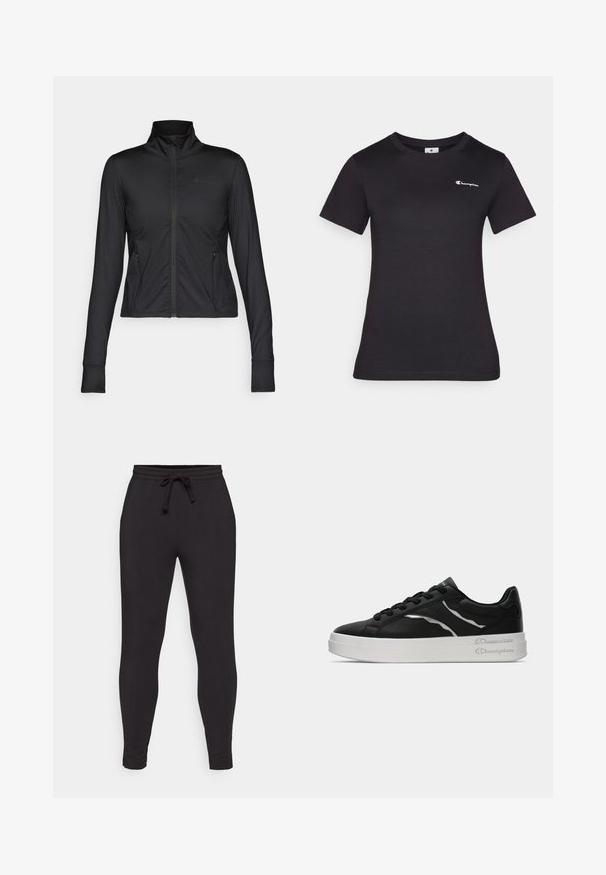 Svart treningjakke med høy krage, hel glidelås foran, lange ermer og sidelommer, laget av glatt og fleksibelt materiale.; Sort t-skjorte med korte ermer laget av bomull, med et lite brodert logo på brystet. Klassisk crewneck-design med en myk tekstur.; Svarte joggebukser laget av myk stoff, med elastisk midje og snor, smale ben og detaljer i sidesømmene.; Sorte lærersneakers med hvit såle, med tynne sølvdetaljer og snøring. Glatt tekstur med merkevaredetaljering på hælen.