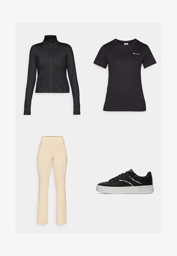 Svart treningjakke med høy krage, hel glidelås foran, lange ermer og sidelommer, laget av glatt og fleksibelt materiale.; Sort t-skjorte med korte ermer laget av bomull, med et lite brodert logo på brystet. Klassisk crewneck-design med en myk tekstur.; Beige utvidede leggings med høy midje, laget av myk, elastisk stoff. Jevn tekstur, uten synlige mønstre eller maskinvare detaljer.; Sorte lærersneakers med hvit såle, med tynne sølvdetaljer og snøring. Glatt tekstur med merkevaredetaljering på hælen.