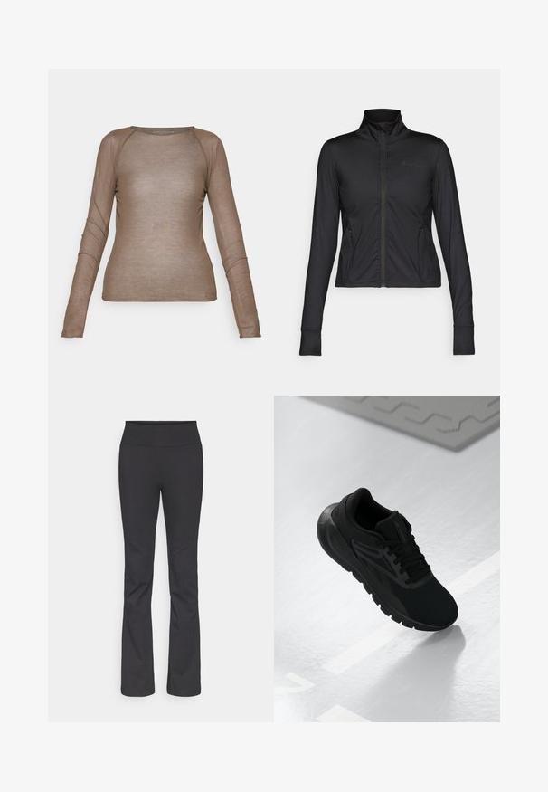 Jacheta sport neagră cu guler înalt, fermoar pe toată lungimea frontală, mâneci lungi și buzunare laterale, fabricată dintr-un material neted și flexibil.; Top cu mânecă lungă, ajustat, de culoare bej deschis, realizat dintr-un material transparent. Prezintă un decolteu rotund și detalii discrete de cusătură pe mâneci.; Pantaloni negri evazați cu talie înaltă, fabricați dintr-un material elastic cu textură netedă și fără modele sau detalii de hardware vizibile.; Pantof de atletism negru cu un material superior din plasă, vârf rotund, talpă cu amortizare și accente texturate, plasat pe o suprafață albă netedă.