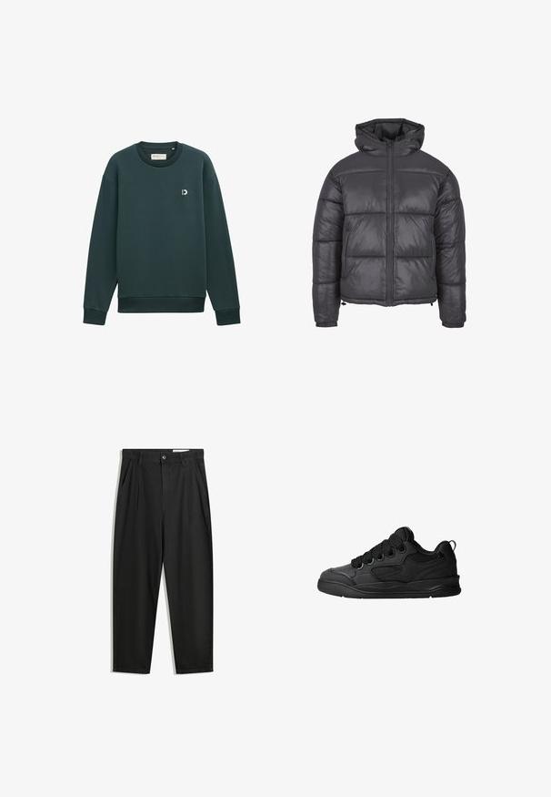 Pufová bunda v tmavosivej farbe s kapucňou, so zapínaním na zips, prešívaným dizajnom, elastickými manžetami a stiahnutým spodným lemom.; Zelená mikina vyrobená z hladkého materiálu, s okrúhlym výstrihom, dlhými rukávmi a malým bielym logom na hrudi.; Čierne bavlnené nohavice s voľným strihom, s klasickým pásom, prednými záhybmi a bočnými vreckami. Hladká textúra bez vzorov.; Čierne tenisky s textúrovaným zvrškom, s šnúrkami, sieťovinovými akcentmi pre priedušnosť, polstrovaným golierom a pevnou podošvou.