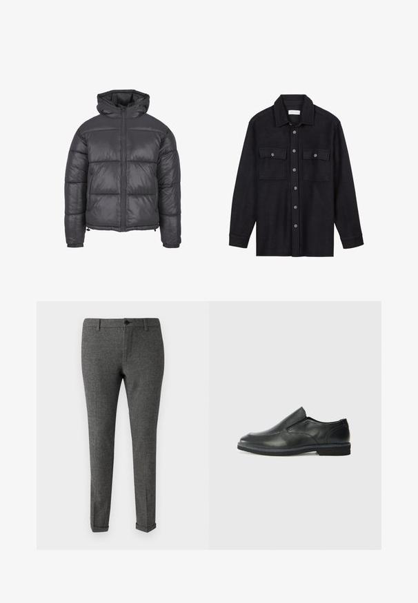 Sötét szürke puffernadrág kapucnival, cipzárral, steppelt kialakítással, rugalmas mandzsettával és összehúzott alsó szegéllyel.; Fekete gyapjúpóló dzseki gallérral, elülső gombos záródással, két mellzsebbel és hosszú ujjakkal. Puha tapintású, látható minták nélkül.; Szürke kockás nadrág, amely szövetből készült, gombos záródással, övbújtatókkal és cuffolt szegélyekkel rendelkezik, hogy elegáns megjelenést biztosítson.; Fekete bőr, slip-on cipő sima felsőrésszel, varrott díszítéssel, lekerekített orral és alacsony gumitalppal. A talpa minimális bordázattal rendelkezik.