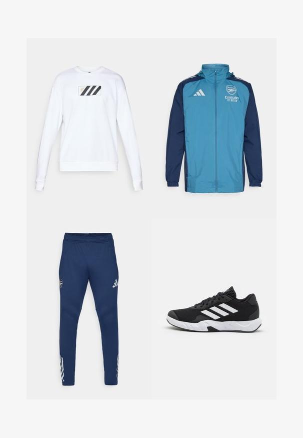 Kerge veekindel jakk, mille esiosa on tealist värvi ja varrukad tumesinised, varustatud lukuga, kapuutsiga ja rinnal logoga. ; Valge sviiter, millel on ristkülikukujuline plekki, kus on kolm musta diagonaalitriipu ja kuldne tekst. Pehme kangas, pikad varrukad ja ribakao.; Tumedad spordipüksid, elastse vöökohaga, kitseneva jala disainiga, hõbedane logo reiel ja silmapaistev kolme triibuga detail alumises osas.; Mustad mustosportlikud jalanõud, millel on tekstuuriga võrkpealne, valged aksenttriibud, pehme tallaga ja tugevdatud konts toe jaoks.