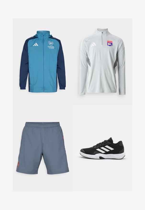 Lichte waterdichte jas met een teal voorkant en marineblauwe mouwen, voorzien van een rits, capuchon en logo-accenten op de borst.; Lichtgrijze lange mouwen sportpullover met een halve rits kraag, met witte zijaccenten en een geborduurd Olympique Lyonnais logo.; Grijze sportshorts met een elastische tailleband, zijzakken en een rode logo-detail op het linkerpootje. Lichtgewicht, gladde stof met een subtiele glans.; Zwarte sportieve schoenen met een geperforeerde mesh bovenkant, witte accentstrepen, een gevoerde zool en een versterkte hiel voor extra ondersteuning.
