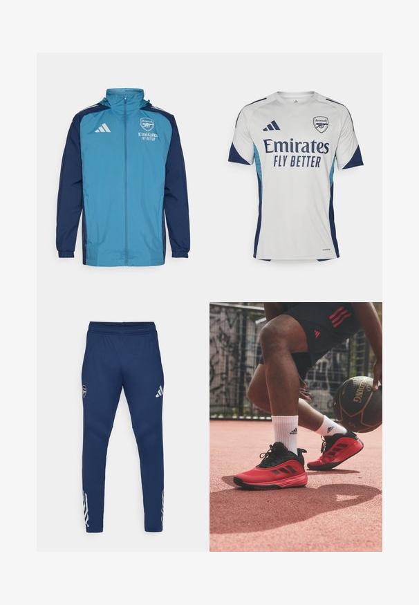 Lekka wodoodporna kurtka z turkusowym przodem i granatowymi rękawami, z zapięciem na zamek, kapturem oraz logo na piersi.; Biała koszulka z krótkim rękawem z granatowymi akcentami i jasnoniebieskimi bokami. Na przodzie widnieje wyraźnie napis "Emirates FLY BETTER" oraz logo klubu.; Granatowe spodnie sportowe z elastycznym pasem, zwężanym krojem nogawki, srebrnym logo na udzie oraz charakterystycznymi trzema paskami na dolnej części nogawki.; adidas Performance OWNTHEGAME 3.0 czarny