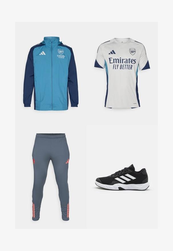 Ľahká nepremokavá bunda s prednou časťou v morskej farbe a námorníckymi rukávmi, s uzáverom na zips, kapucňou a logom na hrudi.; Biele tričko s krátkym rukávom a námorníckymi akcentmi a svetlomodrými bočnicami. Na prednej strane sa výrazne nachádza nápis "Emirates FLY BETTER" a logo klubu.; Šedé športové nohavice s elastickým pásom, bočnými vreckami a ružovými trojpruhovými akcentmi na nohách. Obsahujú okrúhly logo na ľavom stehne.; Čierne športové topánky s textúrovaným sieťovinovým zvrškom, bielymi akcentovými pruhmi, polstrovanou podrážkou a spevneným pätou pre podporu.