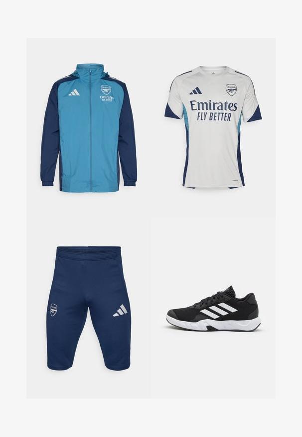 Lengvas, vandeniui atsparus džemperis su žalia priekine dalimi ir tamsiai mėlynomis rankovėmis, turintis užtrauktuką, gobtuvą ir logotipo akcentus ant krūtinės.; Balta trumpomis rankovėmis maika su tamsiai mėlynais akcentais ir šviesiai mėlynomis šoninėmis dalimis. Priekyje išryškintai pavaizduota "Emirates FLY BETTER" ir klubo logotipas.; Tamsiai mėlynos sportinės šortai, pagaminti iš elastingos medžiagos, su „Arsenal“ logotipu kairiajame šone ir trimis baltomis „Adidas“ juostomis dešiniajame šone.; Juodi sportiniai batai su tekstūruotu tinkliniu paviršiumi, baltais akcentų dryžiais, paminkštintu padu ir sustiprintu kulnu paramai.