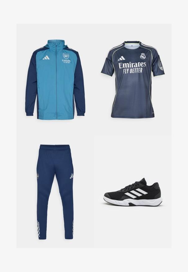 Jachetă impermeabilă ușoară, cu față teal și mâneci bleumarin, având închidere cu fermoar, glugă și accente de logo pe piept.; Cămașă de fotbal bleu marin, dintr-un material neted, cu accente verde deschis, mâneci scurte și logo-ul "Emirates FLY BETTER" afişat proeminent.; Pantaloni sportivi albaștri cu talie elastică, design cu picior îngustat, logo argintiu pe coapsă și detalii distinctive cu trei dungi pe partea inferioară a piciorului.; Pantofi sport negri cu un material din plasă texturată, benzi albe de accent, o talpă cushioned și un călcâi întărit pentru suport.