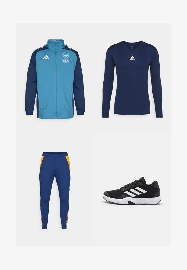 Lekka wodoodporna kurtka z turkusowym przodem i granatowymi rękawami, z zapięciem na zamek, kapturem oraz logo na piersi.; Granatowa sportowa koszulka z długim rękawem wykonana z teksturowanej tkaniny, z dekoltem w serek i białym logo Adidas na piersi. Prosty design, dopasowany krój.; Granatowe dresy sportowe z pomarańczowymi siateczkowymi panelami po bokach, zwężanymi nogawkami oraz elastycznym pasem. Posiada dyskretną logo na lewym udzie.; Czarne buty sportowe z teksturowaną siateczką u góry, białymi paskami akcentującymi, amortyzującą podeszwą i wzmocnionym piętą dla wsparcia.