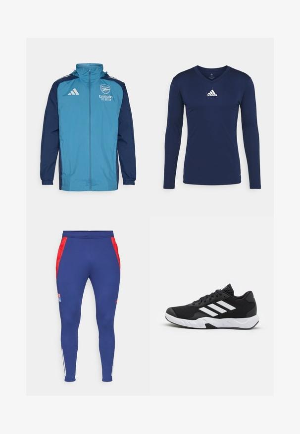 Lichte waterdichte jas met een teal voorkant en marineblauwe mouwen, voorzien van een rits, capuchon en logo-accenten op de borst.; Marineblauw sportshirt met lange mouwen, gemaakt van textuurstof, met een V-hals en een wit Adidas-logo op de borst. Eenvoudig ontwerp, nauwsluitende pasvorm.; Marine atletische broek met rode zijkanten, een logo op de dij en witte strepen bij de enkels. Gemaakt van een elastische, soepele stof.; Zwarte sportieve schoenen met een geperforeerde mesh bovenkant, witte accentstrepen, een gevoerde zool en een versterkte hiel voor extra ondersteuning.
