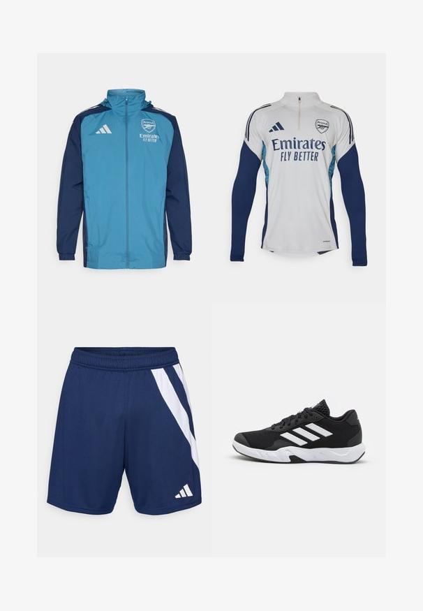 Lichte waterdichte jas met een teal voorkant en marineblauwe mouwen, voorzien van een rits, capuchon en logo-accenten op de borst.; Witte lange mouwen trui met marineblauwe accenten, half-rits halslijn, voorzien van het logo "Emirates Fly Better" en het clubembleem van Arsenal.; Marineblauwe sportshorts met een wit diagonale streepdesign. Gemaakt van lichtgewicht stof, met een elastische tailleband en logodetail.; Zwarte sportieve schoenen met een geperforeerde mesh bovenkant, witte accentstrepen, een gevoerde zool en een versterkte hiel voor extra ondersteuning.