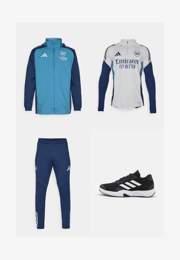 Lightweight waterproof jacket with a teal front and navy sleeves, featuring a zip closure, hood, and logo accents on the chest.; White long-sleeve jersey with navy blue accents, half-zip neckline, featuring "Emirates Fly Better" logo and Arsenal club crest.; Navy athletic pants with an elastic waistband, tapered leg design, silver logo on the thigh, and distinctive three-stripe detailing on the lower leg.; Black athletic shoes with a textured mesh upper, white accent stripes, a cushioned sole, and a reinforced heel for support.