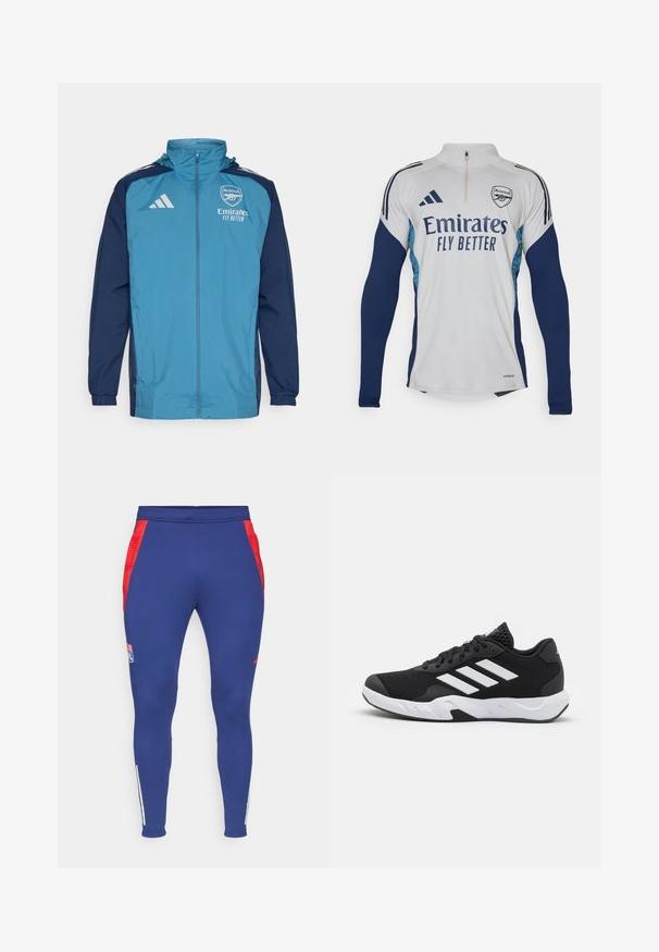 Leichte, wasserdichte Jacke mit einer türkisfarbenen Front und navyblauen Ärmeln, ausgestattet mit einem Reißverschluss, Kapuze und Logo-Akzenten auf der Brust.; Weißes Langarm-Jersey mit marineblauen Akzenten, halber Reißverschluss am Kragen, versehen mit dem Logo "Emirates Fly Better" und dem Vereinswappen von Arsenal.; Navy Sporthosen mit roten Seitenstreifen, einem Logo am Oberschenkel und weißen Streifen an den Knöcheln. Aus einem dehnbaren, glatten Stoff gefertigt.; Schwarze Sportschuhe mit einem strukturierten Mesh-Obermaterial, weißen Akzentstreifen, einer gepolsterten Sohle und einer verstärkten Ferse für Unterstützung.