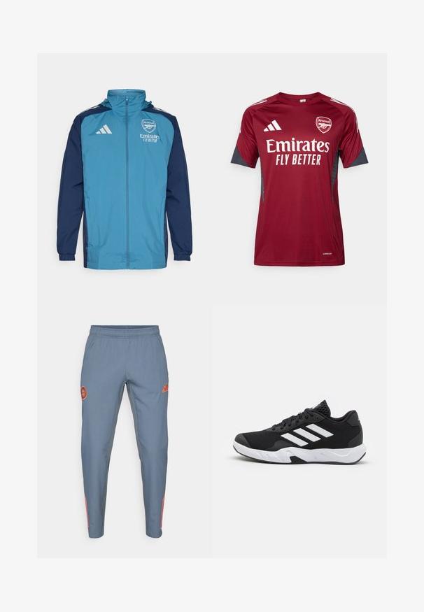 Leichte, wasserdichte Jacke mit einer türkisfarbenen Front und navyblauen Ärmeln, ausgestattet mit einem Reißverschluss, Kapuze und Logo-Akzenten auf der Brust.; adidas Performance ARSENAL FC 25/26 TIRO 25 EUROPEAN TRAINING JERSEY - Vereinsmannschaften - team coll burgundy/dark grey; Himmelblaue Sporthose mit einem elastischen Bund, versehen mit einem orangefarbenen Logo und drei orangefarbenen Streifen entlang des äußeren Beins.; Schwarze Sportschuhe mit einem strukturierten Mesh-Obermaterial, weißen Akzentstreifen, einer gepolsterten Sohle und einer verstärkten Ferse für Unterstützung.