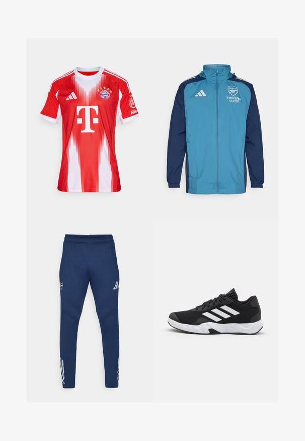 Veste imperméable légère avec un devant turquoise et des manches navy, dotée d'une fermeture éclair, d'une capuche et de logo sur la poitrine.; Maillot de football rouge et blanc avec un design en dégradé, en tissu léger, col rond, trois rayures sur les épaules, logos et cinq étoiles.; Pantalons de sport navy avec une taille élastique, design à jambes fuselées, logo argenté sur la cuisse, et un détail distinctif à trois rayures sur le bas de la jambe.; Baskets de sport noires avec une tige en mesh texturé, des rayures blanches, une semelle rembourrée et un talon renforcé pour le soutien.