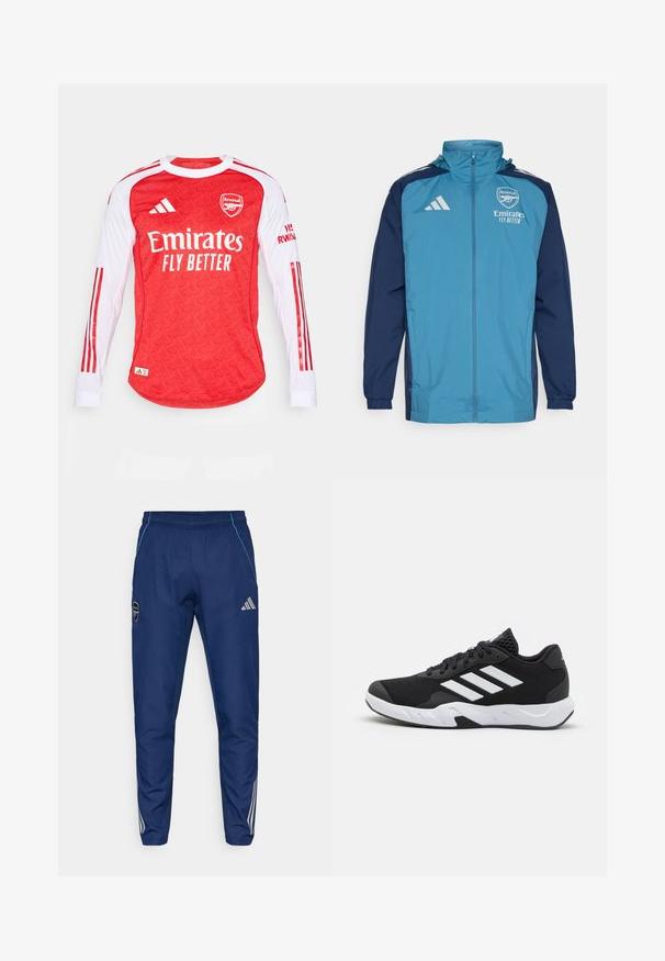 Kerge veekindel jakk, mille esiosa on tealist värvi ja varrukad tumesinised, varustatud lukuga, kapuutsiga ja rinnal logoga. ; Punane pika varrukaga särk, millel on mustriga tekstuur, valged varrukad ja punased triibud. Särgil on Arsenal'i logo ja tekst "Emirates Fly Better".; Tumesinist jogger-püksid kergest kangast, millel on sinine aktsent, logopatch ja kolm valget triipu alumiste jalgade ääres.; Mustad mustosportlikud jalanõud, millel on tekstuuriga võrkpealne, valged aksenttriibud, pehme tallaga ja tugevdatud konts toe jaoks.