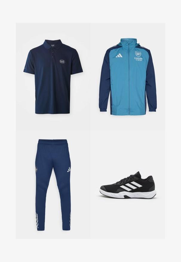Lehká voděodolná bunda s tyrkysovým předním dílem a námořnickými rukávy, vybavená zipovým zapínáním, kapucí a logem na hrudi.; Námořnická modrá polo košile vyrobená z texturované látky, s tříknoflíkovou légou a kulatým logem na levé části hrudi. Krátké rukávy.; Námornické sportovní kalhoty s elastickým pasem, úzkým střihem nohavic, stříbrným logem na stehně a charakteristickými třemi pruhy na dolní části nohavic.; Černé sportovní boty s texturovaným síťovaným svrškem, bílými akcentními pruhy, polstrovanou podrážkou a vyztuženým patem pro podporu.