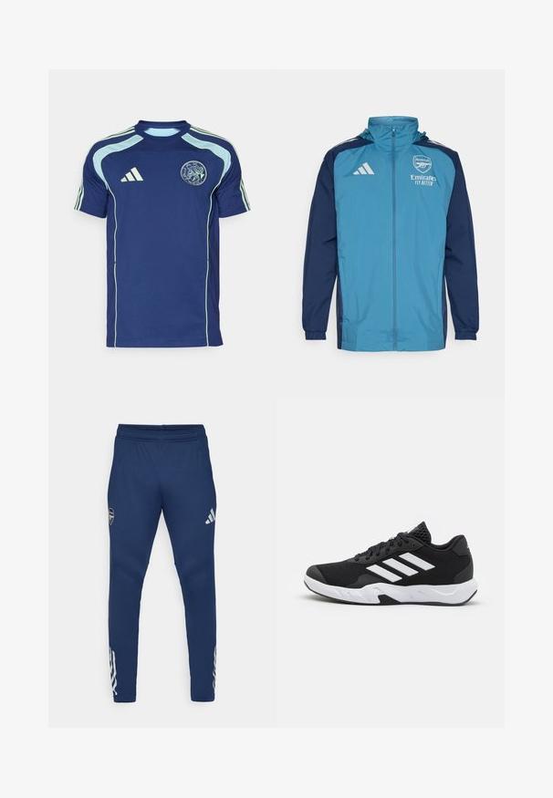 Lehká voděodolná bunda s tyrkysovým předním dílem a námořnickými rukávy, vybavená zipovým zapínáním, kapucí a logem na hrudi.; Námořnická modrá polokošile s krátkým rukávem vyrobená z prodyšného materiálu, s světle modrými akcenty a logem Ajax na hrudi.; Námornické sportovní kalhoty s elastickým pasem, úzkým střihem nohavic, stříbrným logem na stehně a charakteristickými třemi pruhy na dolní části nohavic.; Černé sportovní boty s texturovaným síťovaným svrškem, bílými akcentními pruhy, polstrovanou podrážkou a vyztuženým patem pro podporu.