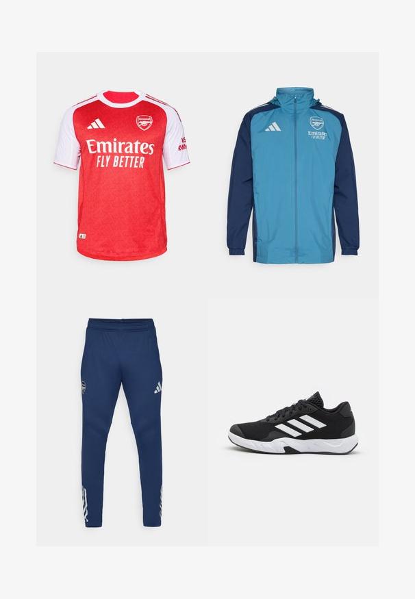 Lett og vanntett jakke med teal front og marineblå ermer, med glidelås, hette og logo detaljer på brystet.; Rød og hvit Arsenal fotballdrakt med korte ermer, med et teksturert mønster, "Emirates Fly Better" logo og Adidas-striper.; Marineblå treningsbukser med elastisk liv, innsvingt ben-design, sølvlogo på låret, og karakteristisk tre-stripes detaljer nederst på benet.; Sorte joggesko med teksturert mesh-overdel, hvite aksentstriper, en polstret såle og en forsterket hæl for støtte.
