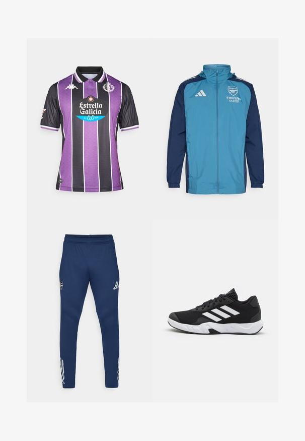 Kerge veekindel jakk, mille esiosa on tealist värvi ja varrukad tumesinised, varustatud lukuga, kapuutsiga ja rinnal logoga. ; Lilla ja musta triibuline jalgpallisärk kraega, millel on keskel logo ja valged aktsendid varrukatel ja äärel. Valmistatud hingatavast kangast.; Tumedad spordipüksid, elastse vöökohaga, kitseneva jala disainiga, hõbedane logo reiel ja silmapaistev kolme triibuga detail alumises osas.; Mustad mustosportlikud jalanõud, millel on tekstuuriga võrkpealne, valged aksenttriibud, pehme tallaga ja tugevdatud konts toe jaoks.