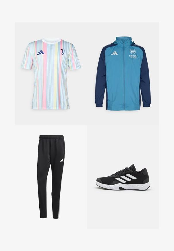 Kerge veekindel jakk, mille esiosa on tealist värvi ja varrukad tumesinised, varustatud lukuga, kapuutsiga ja rinnal logoga. ; Juventuse triibuline särg pastelsetes värvides, millel on vertikaalsed jooned sinises, roosas, kollases ja valges. Valmistatud kergest ja hingavast materjalist.; Mustad mustri värvi spordipüksid venitatava vööõhuga, valged külgtriibud ja väike valge logo reie peal. Valmistatud siledast, kergest materjalist.; Mustad mustosportlikud jalanõud, millel on tekstuuriga võrkpealne, valged aksenttriibud, pehme tallaga ja tugevdatud konts toe jaoks.