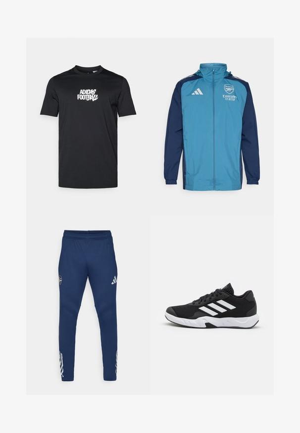 Kerge veekindel jakk, mille esiosa on tealist värvi ja varrukad tumesinised, varustatud lukuga, kapuutsiga ja rinnal logoga. ; Must must tükk puuvillast; ümmargune kaelus; lühikesed varrukad; esiküljel valge Adidas jalgpalli logo.; Tumedad spordipüksid, elastse vöökohaga, kitseneva jala disainiga, hõbedane logo reiel ja silmapaistev kolme triibuga detail alumises osas.; Mustad mustosportlikud jalanõud, millel on tekstuuriga võrkpealne, valged aksenttriibud, pehme tallaga ja tugevdatud konts toe jaoks.