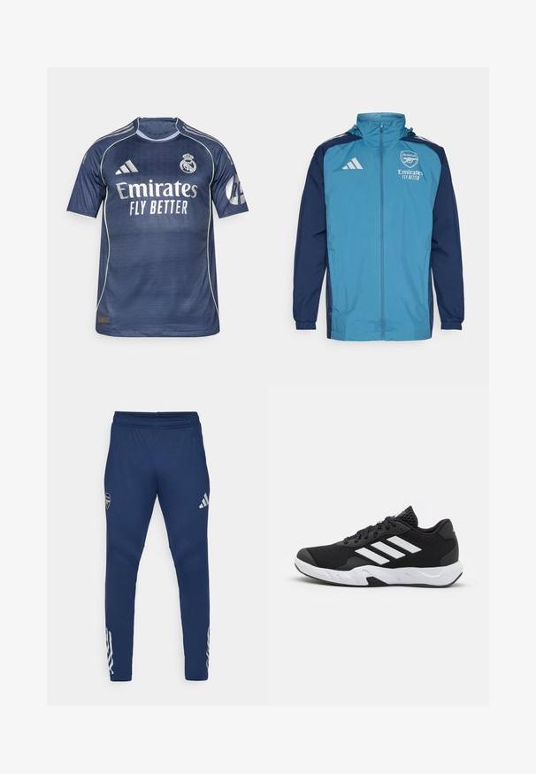 Lehká voděodolná bunda s tyrkysovým předním dílem a námořnickými rukávy, vybavená zipovým zapínáním, kapucí a logem na hrudi.; Námorně modrý fotbalový dres s krátkými rukávy. Obsahuje bílé logo "Emirates Fly Better", pruhy Adidas a strukturovanou tkaninu.; Námornické sportovní kalhoty s elastickým pasem, úzkým střihem nohavic, stříbrným logem na stehně a charakteristickými třemi pruhy na dolní části nohavic.; Černé sportovní boty s texturovaným síťovaným svrškem, bílými akcentními pruhy, polstrovanou podrážkou a vyztuženým patem pro podporu.