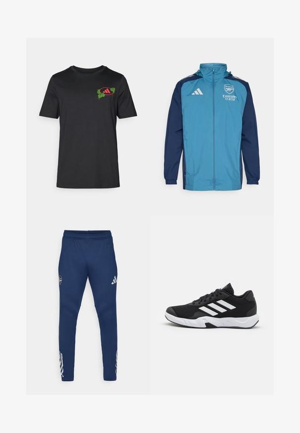 Lengvas, vandeniui atsparus džemperis su žalia priekine dalimi ir tamsiai mėlynomis rankovėmis, turintis užtrauktuką, gobtuvą ir logotipo akcentus ant krūtinės.; Juodas medvilninis marškinėlis su apvaliu kaklu. Priekyje, kairėje pusėje, yra ryški žalia ir raudona grafinė dizaino detalė, įtraukianti palmės lapus ir logotipą.; Jūrinės sportinės kelnės su elastinga juosmeniu, siaurėjančios kojos dizainu, sidabriniu logotipu ant šlaunies ir išskirtiniais trimis juostomis ant apatinės kojos.; Juodi sportiniai batai su tekstūruotu tinkliniu paviršiumi, baltais akcentų dryžiais, paminkštintu padu ir sustiprintu kulnu paramai.