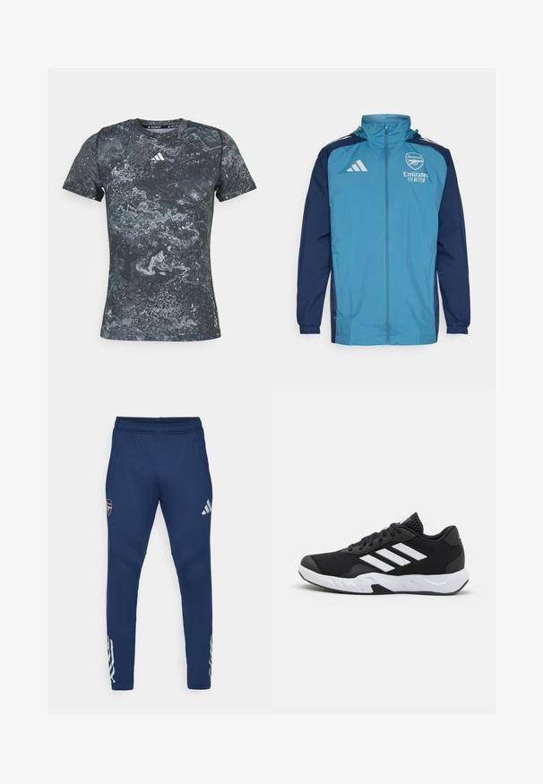 Kerge veekindel jakk, mille esiosa on tealist värvi ja varrukad tumesinised, varustatud lukuga, kapuutsiga ja rinnal logoga. ; Lühikeste varrukatega must sportlik särk, millel on hall marmoriga muster, valmistatud siledast kangast, ümar kaelus ja Adidas logo rinnal.; Tumedad spordipüksid, elastse vöökohaga, kitseneva jala disainiga, hõbedane logo reiel ja silmapaistev kolme triibuga detail alumises osas.; Mustad mustosportlikud jalanõud, millel on tekstuuriga võrkpealne, valged aksenttriibud, pehme tallaga ja tugevdatud konts toe jaoks.