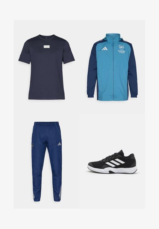 Viegls, ūdensnecaurlaidīgs jaka ar ziliem priekšpusi un tumši zilām piedurknēm, ar rāvējslēdzēju, kapuci un logotipa akcentiem krūtīs.; Tumši zila īsām piedurknēm t-krekls, izgatavots no mīkstas auduma, ar taisnstūra logotipu gaiši dzeltenā krāsā augšējā krūšu daļā.; Jūras spēku jogger bikses, izgatavotas no viegla auduma, ar zilu akcentu, logo uzšuvumu un trim baltām svītrām gar apakšējām kājām.; Melnas sporta kurpes ar teksturētu acu augšdaļu, baltām akcentu svītrām, mīkstu zoli un pastiprinātu papēdi atbalstam.