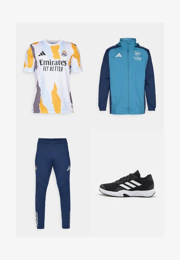 Ľahká nepremokavá bunda s prednou časťou v morskej farbe a námorníckymi rukávmi, s uzáverom na zips, kapucňou a logom na hrudi.; Biely futbalový dres s abstraktnými vzormi v oranžovej, modrej a šedej farbe. Obsahuje logo "Emirates Fly Better" a pruhy Adidas na rukávoch.; Námorné športové nohavice s elastickým pásom, zúženým strihom, strieborným logom na stehne a výrazným trojpruhovým detailom na dolnej časti nohavice.; Čierne športové topánky s textúrovaným sieťovinovým zvrškom, bielymi akcentovými pruhmi, polstrovanou podrážkou a spevneným pätou pre podporu.
