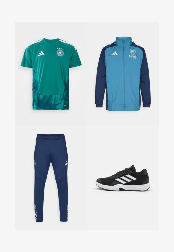 Lekka wodoodporna kurtka z turkusowym przodem i granatowymi rękawami, z zapięciem na zamek, kapturem oraz logo na piersi.; Zielony dres sportowy z okrągłym dekoltem, krótkimi rękawami, tonalnym wzorem graficznym na dolnej części oraz białymi paskami na ramionach.; Granatowe spodnie sportowe z elastycznym pasem, zwężanym krojem nogawki, srebrnym logo na udzie oraz charakterystycznymi trzema paskami na dolnej części nogawki.; Czarne buty sportowe z teksturowaną siateczką u góry, białymi paskami akcentującymi, amortyzującą podeszwą i wzmocnionym piętą dla wsparcia.