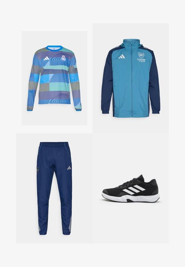 Chaqueta impermeable ligera con un frente en color azul petróleo y mangas en color marino, con cierre de cremallera, capucha y detalles del logo en el pecho.; Jersey deportivo de manga larga con un patrón geométrico azul y verde, hecho de una tela ligera con cuello azul acanalado y logotipo de Adidas.; Pantalones jogger de color navy hechos de un tejido ligero, con un acento azul, parche del logo y tres franjas blancas a lo largo de las piernas.; Zapatillas deportivas negras con una parte superior de malla texturizada, rayas de acento blancas, suela acolchada y talón reforzado para mayor soporte.