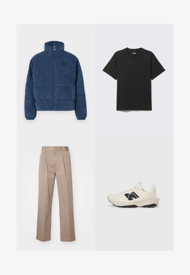 Gewatteerde pulloverjack in donkerblauwe corduroy met een hoge kraag, ritsluiting en een klein logopatch op de borst. Gestikte oppervlakte.; Zwart T-shirt met korte mouwen gemaakt van zachte katoen, met een ronde halslijn en een eenvoudig ontwerp zonder patronen of accenten.; Beige, hoge taille broek met een wijde pijpontwerp. Bevat twee voorplooien en een soepele textuur. Standaard lengte met een nette afwerking.; Lichtbeige sneaker met een bovenwerk van mesh, zwart logo en een getextureerde zool. Geaccentueerd met een geometrisch patroon op de tussenzool.