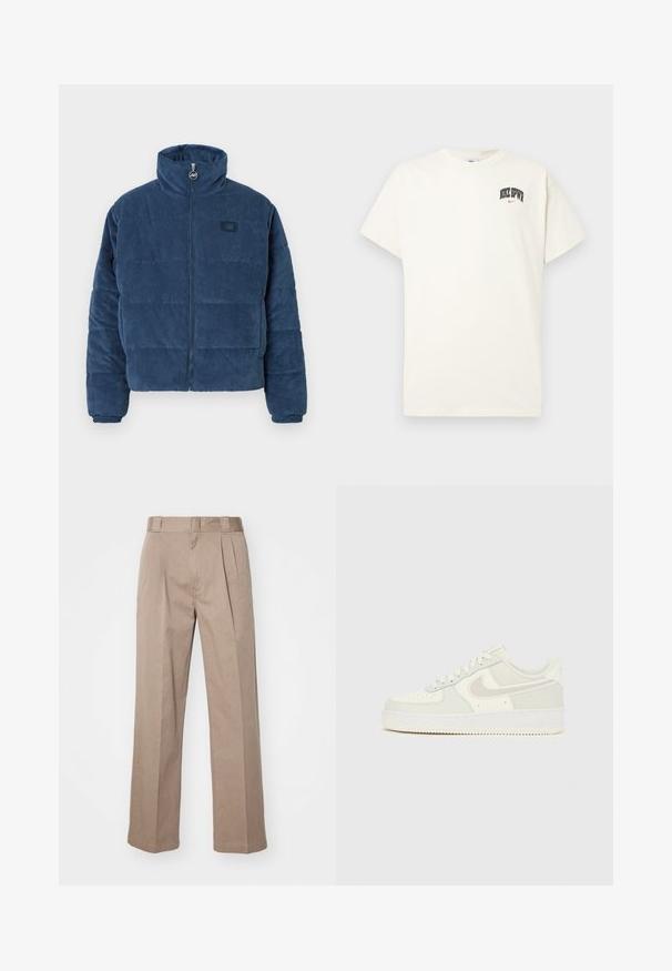 Gewatteerde pulloverjack in donkerblauwe corduroy met een hoge kraag, ritsluiting en een klein logopatch op de borst. Gestikte oppervlakte.; Crème-kleurige katoenen T-shirt met korte mouwen, voorzien van "NIKE SB" in zwarte en rode tekst op de borst. Standaard ronde halslijn.; Beige, hoge taille broek met een wijde pijpontwerp. Bevat twee voorplooien en een soepele textuur. Standaard lengte met een nette afwerking.; Witte Nike Air Force 1 sneakers met een glad leren bovenwerk, lichtgrijze accenten, perforaties op de neus en een gestructureerde rubberen zool.