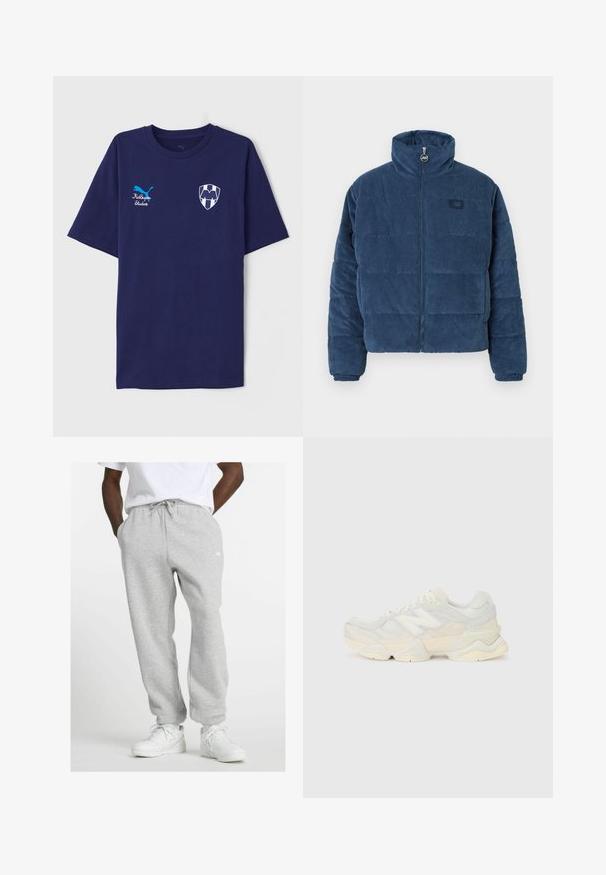 Polstret genserjakke i mørk blå kordfløyel med høy krage, glidelås og liten logo-patch på brystet. Strukturen er teksturert.; Mørkeblå bomull T-skjorte med rund hals, med blå Puma-logo og hvit skjoldemblem med bokstavdetalj på brystet.; Mann iført lysegrå joggebukser med snor og hvite sneakers, stående med hendene i lomma på en hvit bakgrunn.; Lett sneaker med en overdel i mesh og semsket skinn i myke kremtoner, med en kraftig såle og tredimensjonale detaljer.