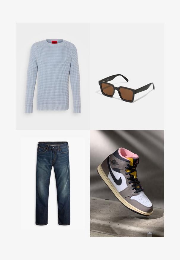 Braune Kunstpelz-Bomberjacke mit einem Reißverschluss vorne, Kapuze und gerippten Bündchen. Verfügt über eine mehrfarbige Textur und einen weichen, dicken Stoff.; Hellblauer Pullover mit strukturiertem, geripptem Muster, rundem Ausschnitt und langen Ärmeln; die gerippten Bündchen und der Saum sorgen für eine körpernahe Passform.; Dunkelblaue Jeans aus Denim mit leichtem Verblassen an den Oberschenkeln, Fünf-Taschen-Design, Knopfverschluss und sichtbaren orangen Nähten auf weißem Hintergrund.; Hohe Nike Air Jordan Sneaker in Weiß, Grau und Schwarz mit pinkem Innenfutter und gelber Zunge, auf einer Betontfläche platziert.; Schwarze quadratische Sonnenbrillen mit braunen Gläsern, mattem Finish und goldenen Akzenten im Rahmen. Das Design ist kantig mit breiten Bügeln.