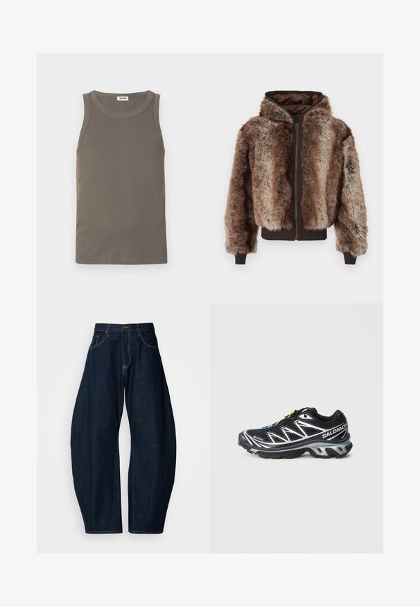 Giacca bomber in pelliccia sintetica marrone con zip frontale, cappuccio e polsini a coste. Caratterizzata da una texture multi-tonale e un tessuto morbido e spesso.; Canotta marrone chiaro a coste con scollo rotondo, design senza maniche e orlo dritto. Realizzata in tessuto morbido ed elastico.; Jeans in denim blu scuro con un design a gamba larga, caratterizzati da cuciture evidenti, cinque tasche e una chiusura con bottone di ottone in vita.; Scarpa da corsa nera con accenti argento, materiale GORE-TEX, suola testurizzata e lacci colorati. Presenta un tallone imbottito per supporto.