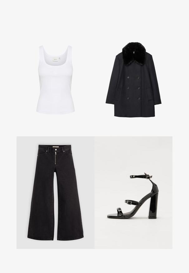 črn volnen plašč z mehkim črnim krznom okrog ovratnika, dvojno gumbno zapiranje in stranskima žepoma. Gladka tekstura in prilagojena oblika.; Bela brezrokavna majica iz ribanega blaga. Ima okroglo ovratnico in subtilen logo na sredini. Preprost, oprijet dizajn.; Široke traperice iz črnega denima z zadrgo spredaj, petimi žepi in diskretnimi šivi. Gladka tekstura in ležeren slog.; Črne lakirane sandale s peto, kvadratnim prstom, trakovi okrog gležnja in srebrnimi zaponkami. Opremljene so s stabilno Debelo peto.