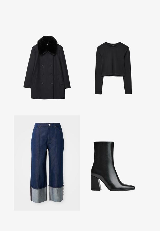 Zwarte wollen jas met een luxe zwart bontkraag, dubbele knoopsluiting en zijzakken. Glad textuur en getailleerde pasvorm.; Zwarte lange mouwen cropped top met ronde halslijn, eenvoudige ontwerp en een licht gebogen zoom.; Donkerblauwe wijde jeans met opgerolde pijpen die lichter denim tonen, met een knoop aan de voorkant en zakken, op een witte achtergrond.; Zwarte leren enkelboot met een puntige neus en hoge blokhak. Glad oppervlak met een slanke silhouette en een solide basisontwerp.