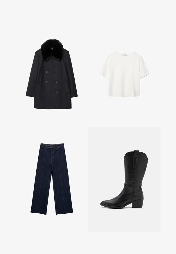 Czarny wełniany płaszcz z pluszowym czarnym futrem przy kołnierzu, podwójne zapięcie na guziki oraz boczne kieszenie. Gładka tekstura i dopasowany krój.; Biała koszulka z krótkim rękawem, wykonana z bawełny. Posiada okrągły dekolt i luźny krój. Gładka faktura bez widocznych wzorów czy akcentów.; Szerokie spodnie z ciemnego denimu z kontrastowym przeszyciem, wysoki stan i prosty krój. Posiadają kieszenie z przodu oraz klasyczne zapięcie na guzik.; Czarne skórzane kowbojskie buty z wydłużonym noskiem, do wysokości kostki i na bardzo wysokim obcasie. Posiadają dekoracyjne przeszycia i pętlę do zakupu.