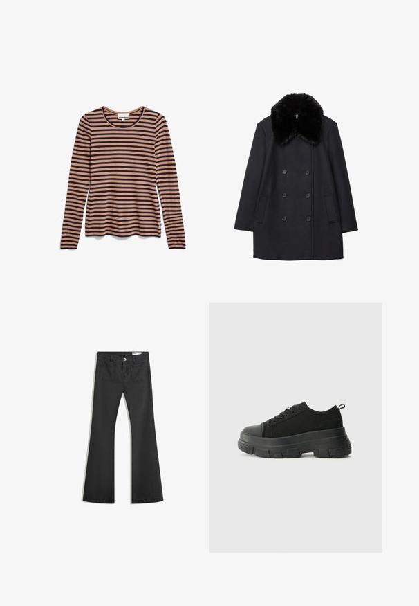 Schwarzer Wollmantel mit einem flauschigen schwarzen Pelzkragen, doppelreihigem Knopfverschluss und seitlichen Taschen. Glatte Textur und taillierte Form.; Langärmliges gestreiftes Oberteil in Beige und Marineblau, mit rundem Ausschnitt und weichem Stoff mit glatter Textur. Etikettansicht am Saum.; Schwarze Schlagjeans aus Denim mit glatter Textur, ausgestattet mit zwei Gesäßtaschen und einem Knopfverschluss an der Taille.; Schwarze Sneakers mit einer dicken Gummisohle, strukturiertem Obermaterial, runder Zehenpartie und Schnürdesign. Verfügt über verstärkte Ösen und eine Schlaufe an der Rückseite.