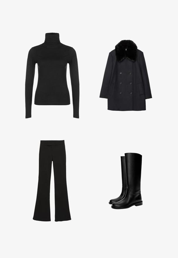 Černý vlněný kabát s nadýchaným černým kožešinovým límcem, dvouřadým knoflíkovým zapínáním a bočními kapsami. Hladká textura a štíhlý střih.; Černý dlouhý rukáv turtleneck top, vyrobený z hladkého, elastického materiálu. Vyznačuje se vysokým límcem a přiléhavým střihem, bez viditelných vzorů nebo akcentů.; Černé rozšířené kalhoty z hladké látky, s pasem ve střední výšce a bočními kapsami, s čistým, skříženým střihem.; Černé kožené boty po kolena s hladkým povrchem, kulatou špičkou, plochou podrážkou a minimalistickým designem, s prošívanými švy a bez viditelného kování.